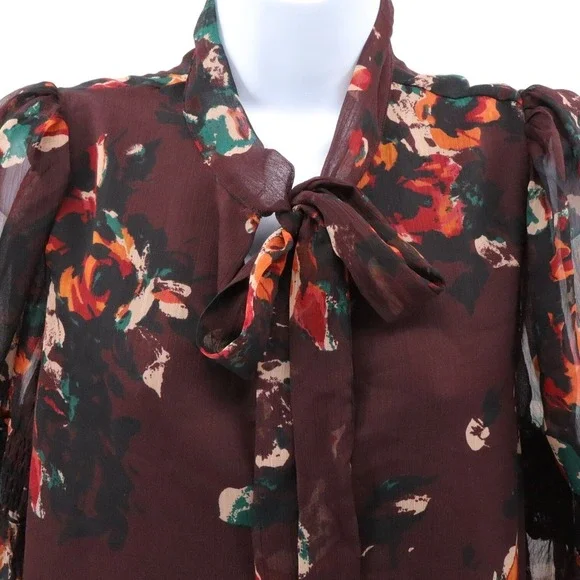 Walter Baker Floral Mini Dress Sheer Sleeve Tie Neck Ruffle Hem Large - Picture 3 of 14